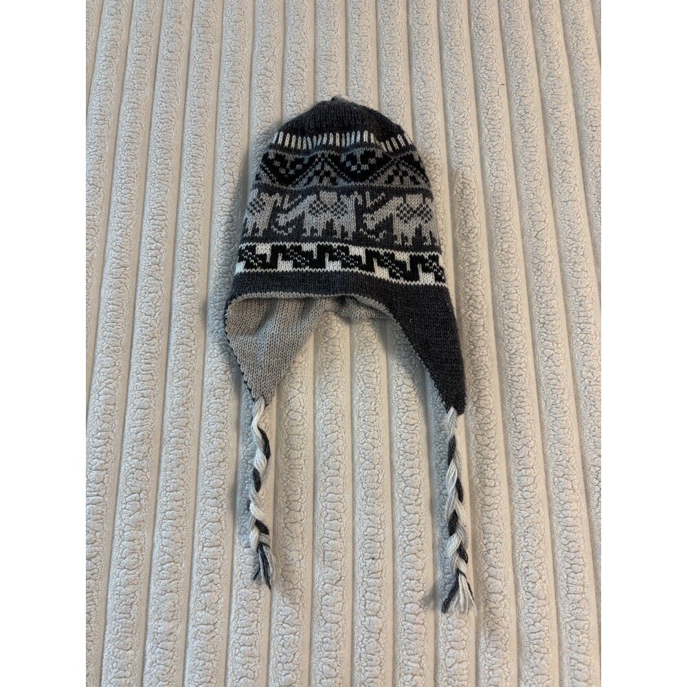Peruvian alpaca reversible tie beanie gray white black winter fall Aztec